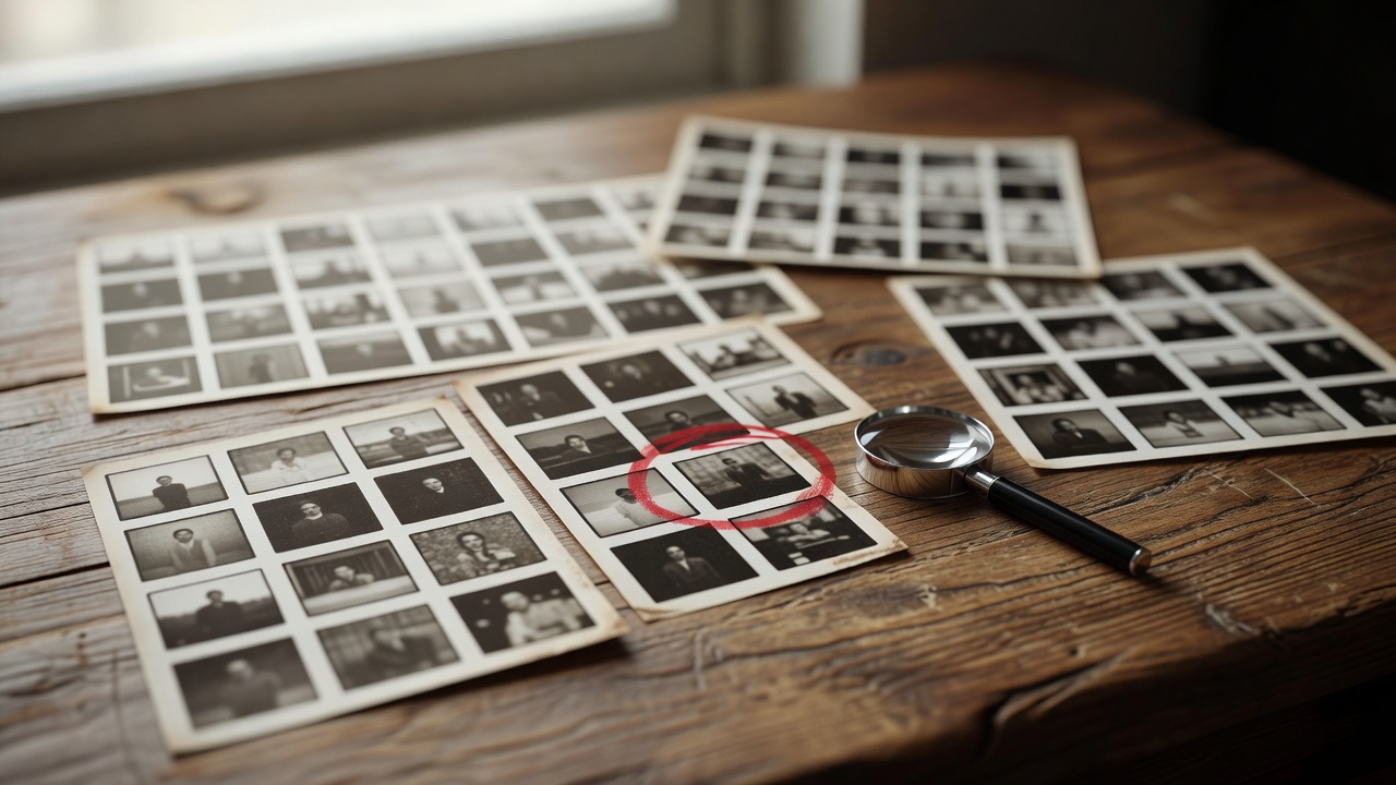 Contact sheet prints and a loupe spread across an oak desk, shallow focus on a single selected frame marked in red pencil