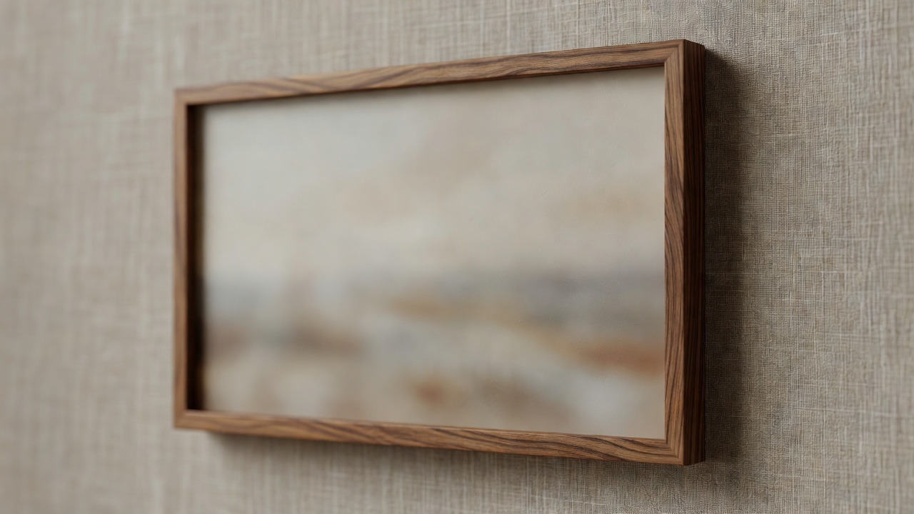 Wide shallow-focus view of a slim walnut digital frame bezel against a linen-textured wall, the artwork softly blurred