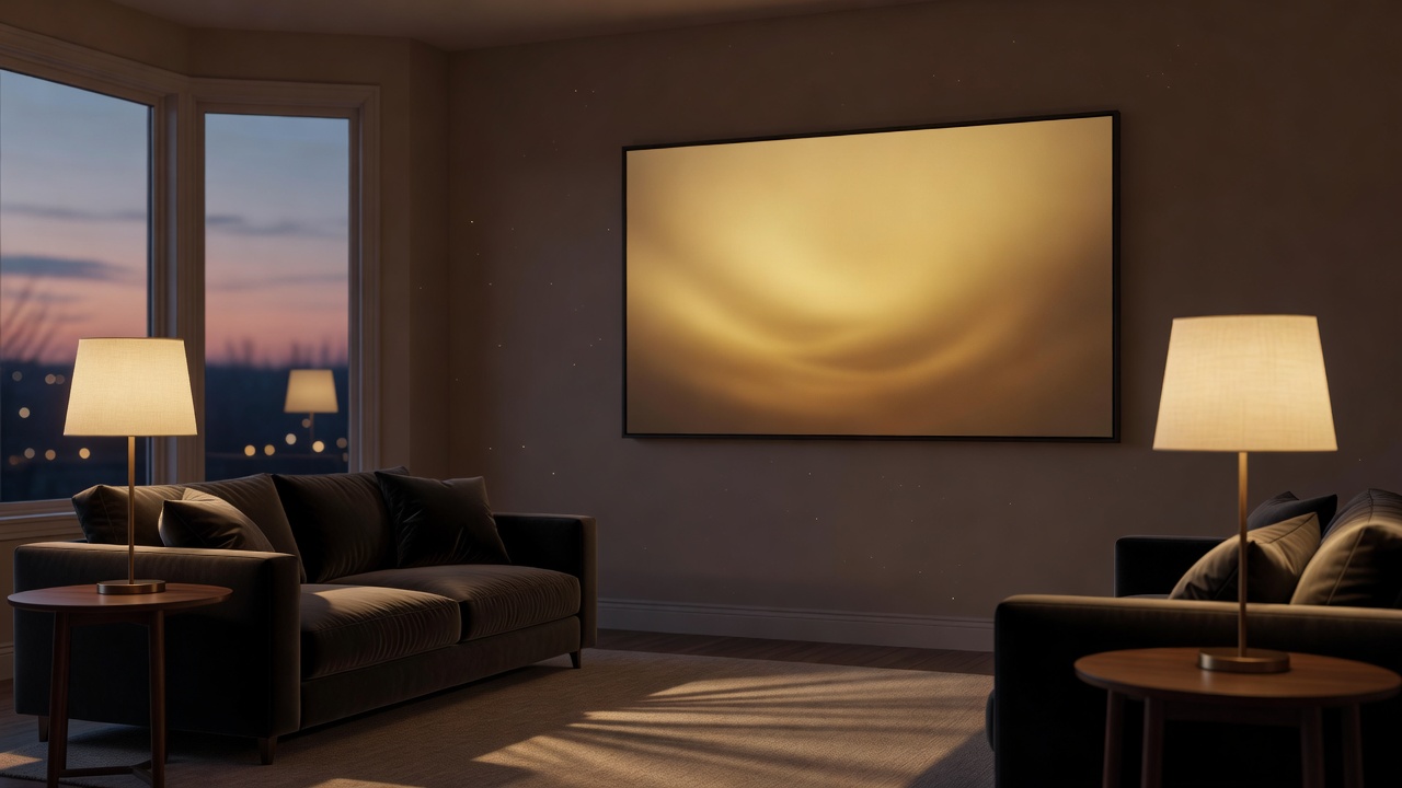 Living room at dusk with table lamps lit and a digital art frame dimmed to match the warm lamplight