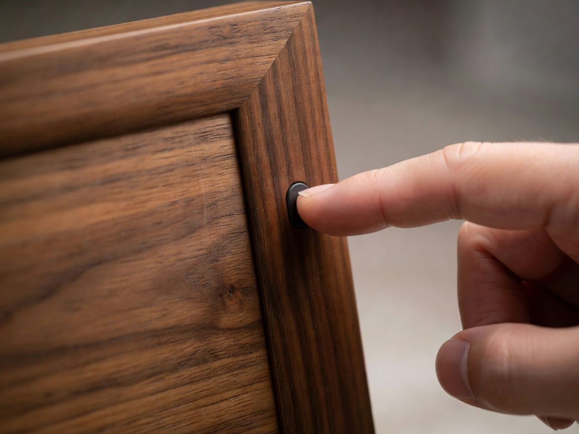 A hand pressing a small physical button on the side of a wooden digital frame, focus on the fingertip and edge
