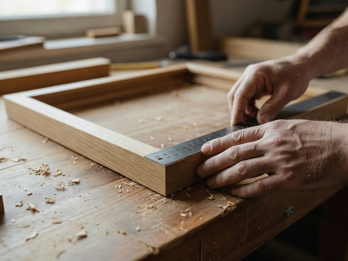 Hands measuring the edge of a wooden display frame with a steel rule on a workbench, shallow focus on the ruler markings