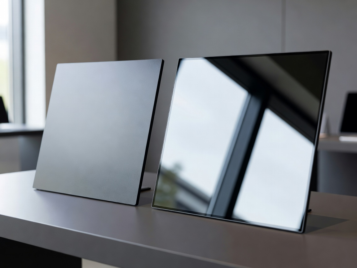 Two display samples side by side at an angle, the matte one diffusing a window reflection that the glossy one mirrors sharply