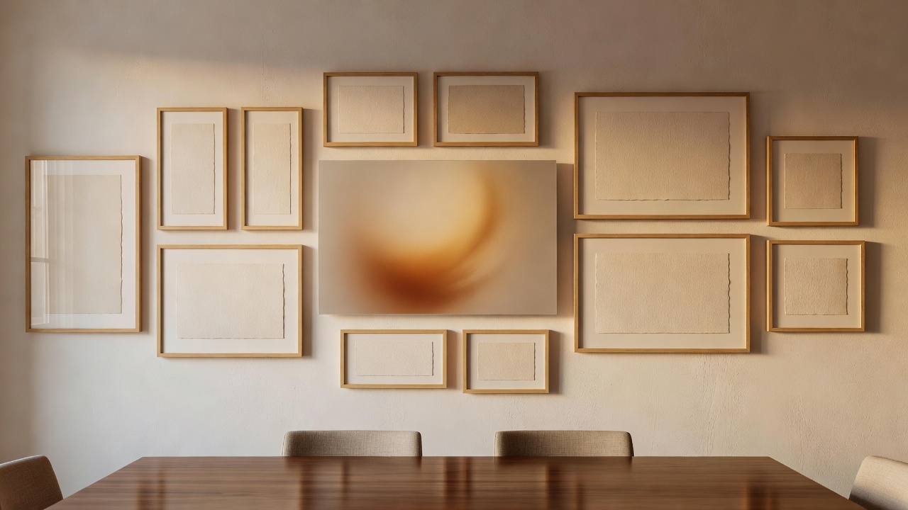 Gallery wall in a warm dining room combining framed paper prints with one matte digital display, all aligned on a shared centreline