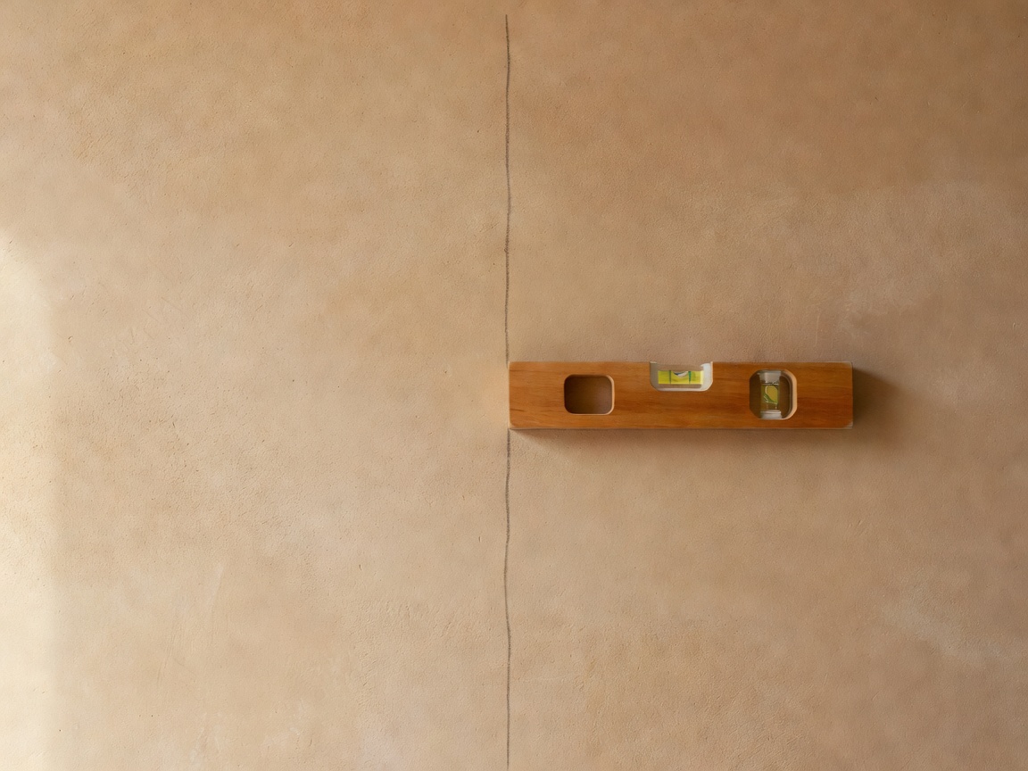 Close-up of a faint pencil centreline and a spirit level on a warm plaster wall before hanging