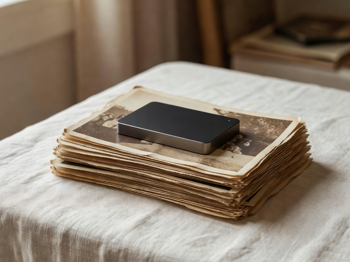 A small external drive resting on a stack of archival photo prints on a linen-covered table