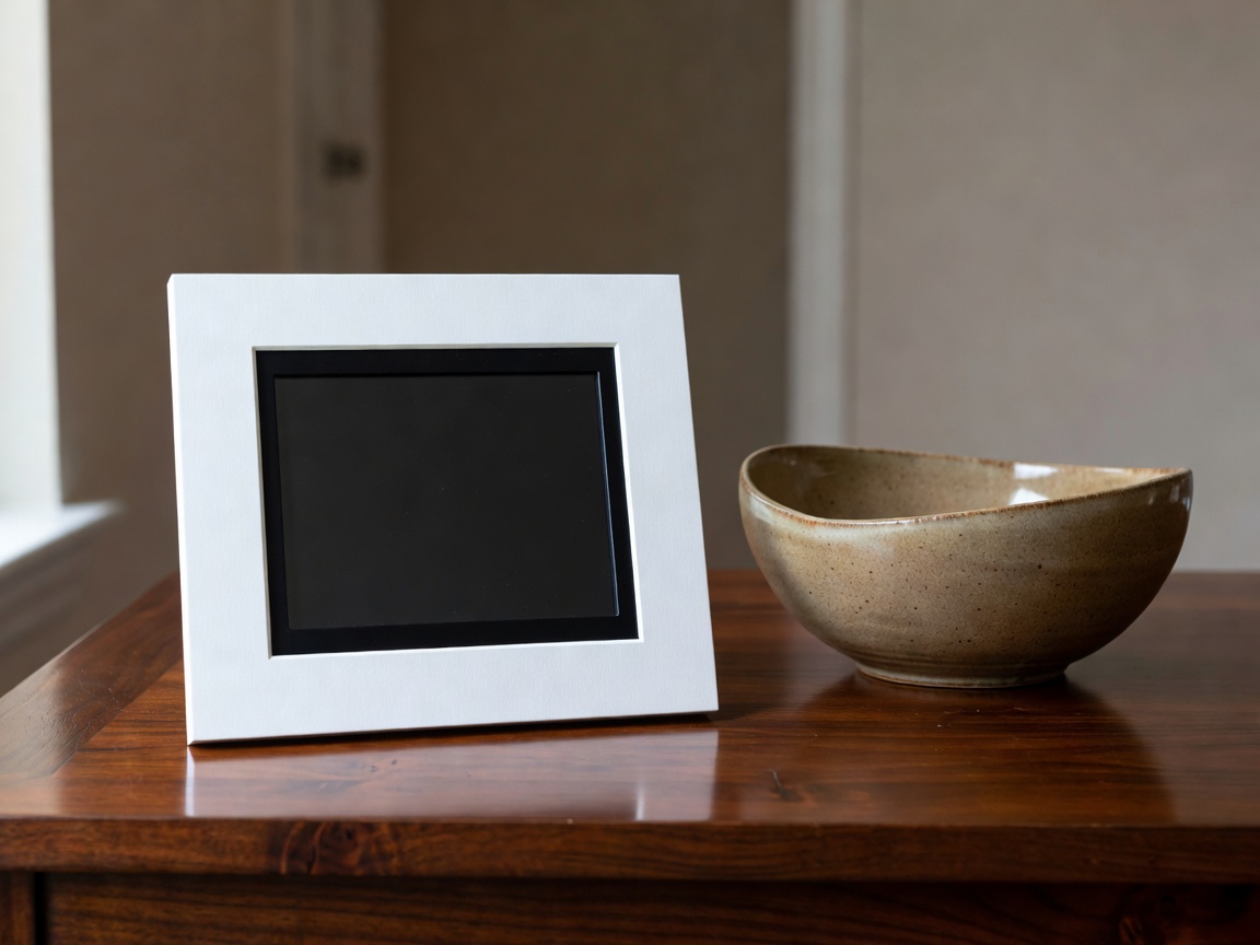 Small portrait-oriented digital frame on a hall table, focus on its white mat border and a ceramic bowl beside it