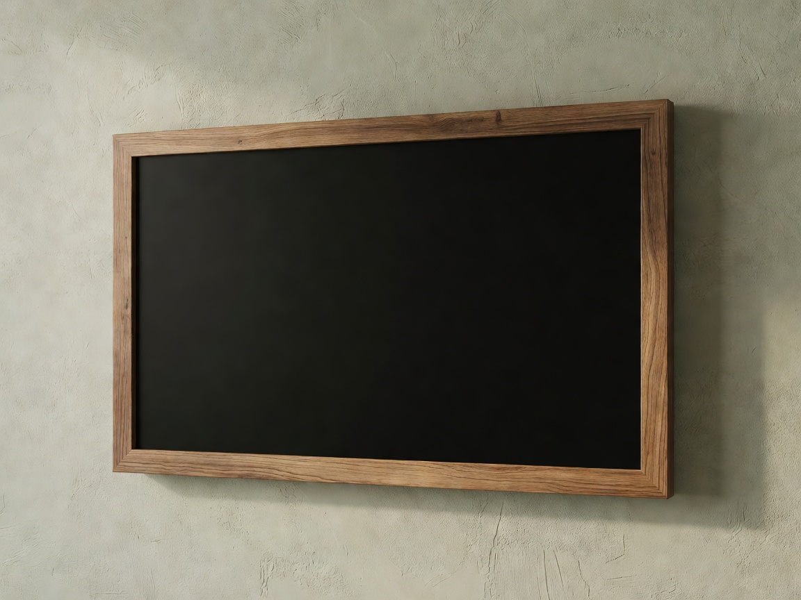 A switched-off matte display with an oak bezel on a lime plaster wall, catching soft side light