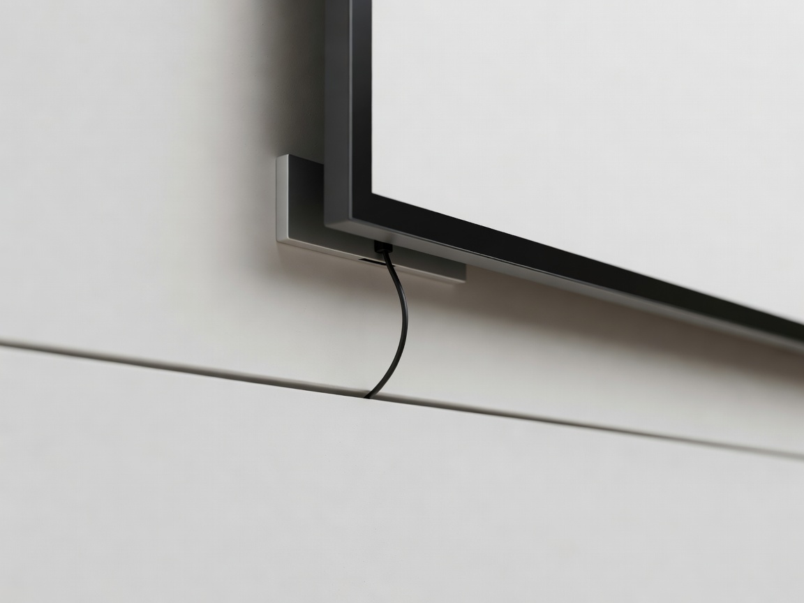 Close-up of a slim flush wall mount behind the corner of a digital frame, showing a single thin power cable
