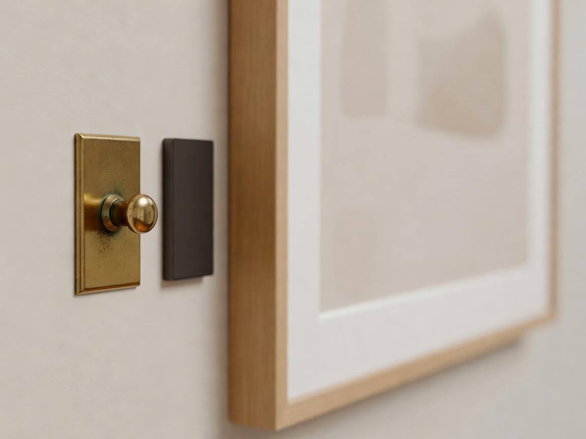 A brass wall dimmer beside the corner of a matte art display, shallow focus on the dimmer knob
