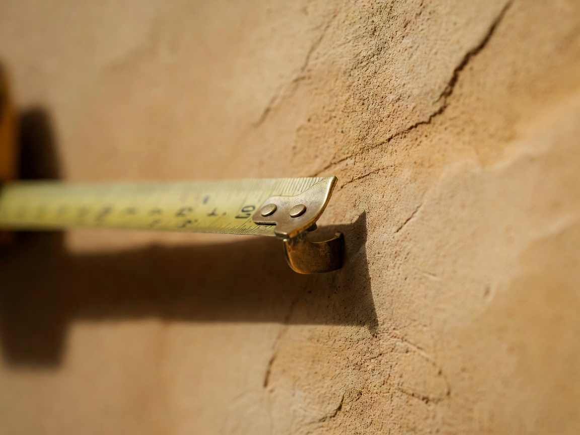 Close-up of a brass tape measure held against a warm plaster wall, focus on the hook at the edge