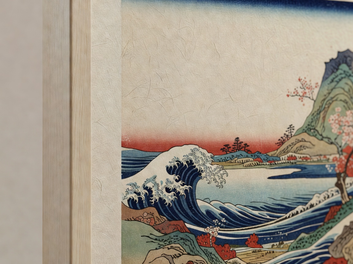 Close-up of a Japanese woodblock print shown on a matte display, paper grain visible, edge of a pale ash bezel in focus